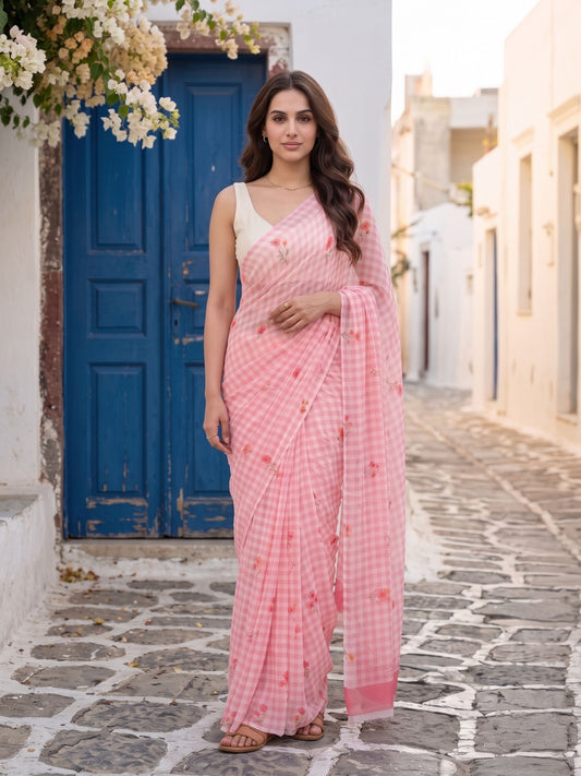 Rosy Skies baby pink gingham print pure chiffon saree from MAYIN India