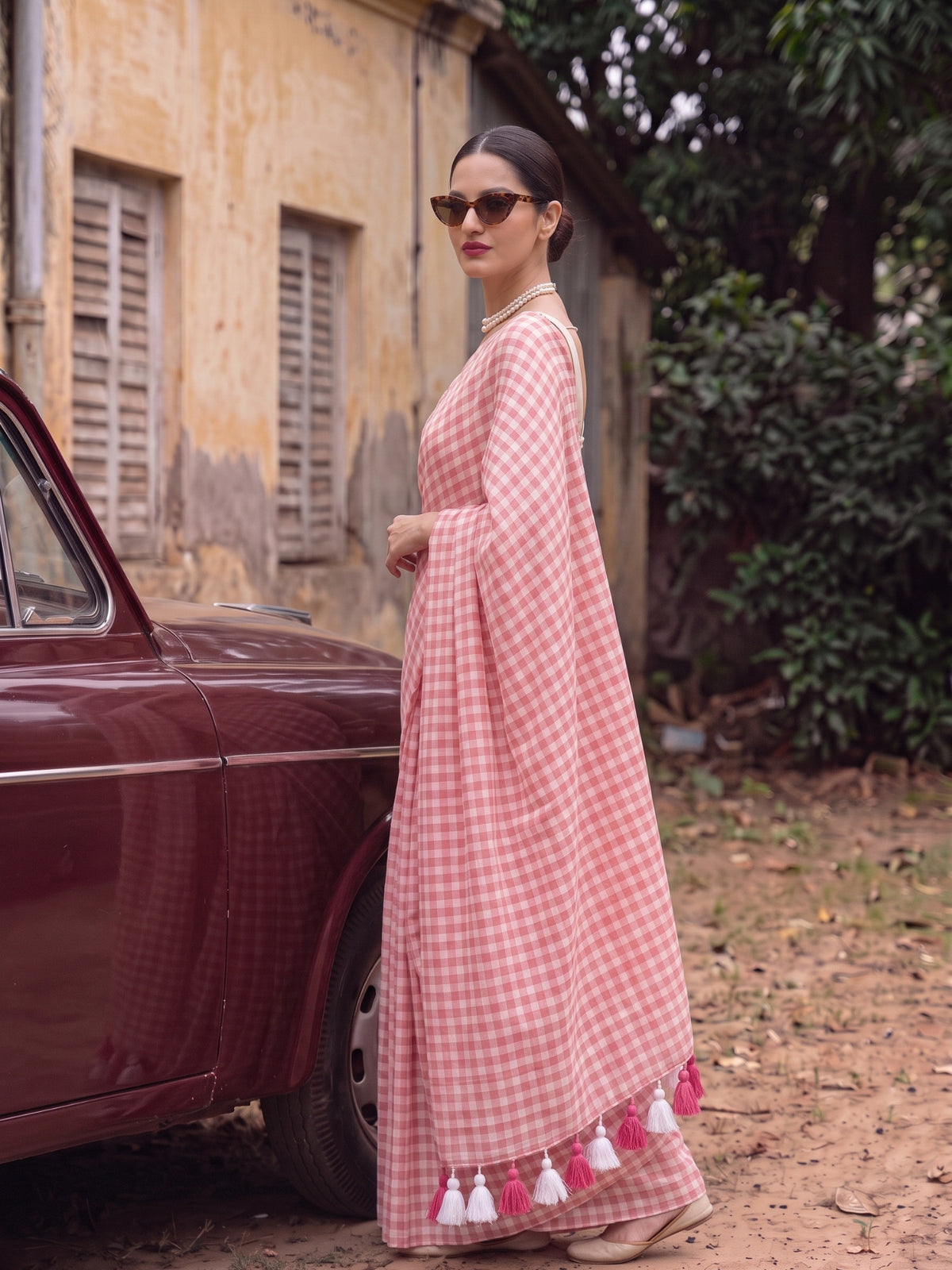 Poppy Seed - Red Gingham Mulmul Cotton Saree