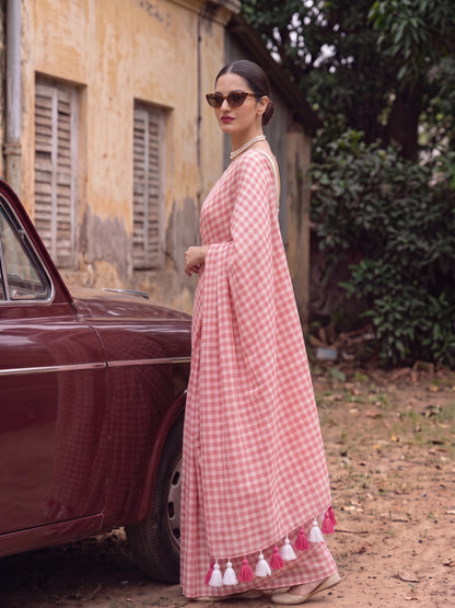 Poppy Seed - Red Gingham Mulmul Cotton Saree