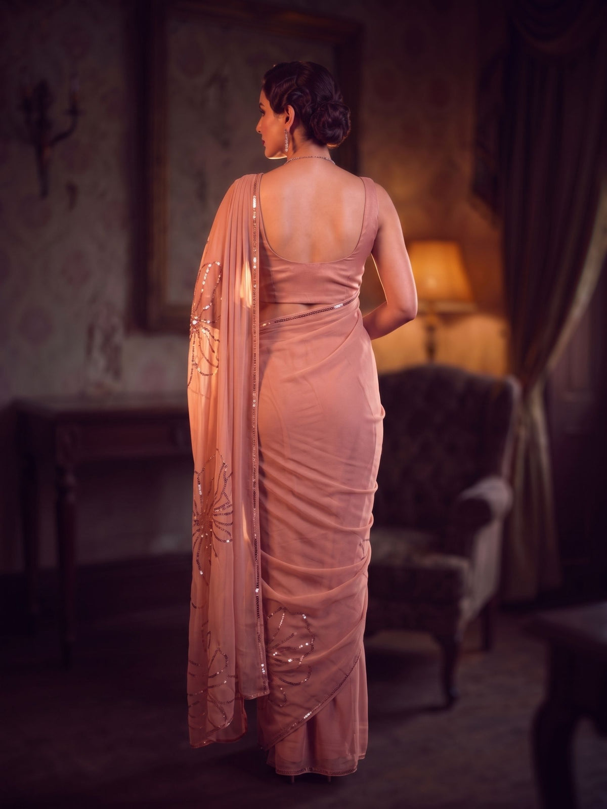 Leading Lady - Dusty Pink Sequin Pure Chiffon Partywear Saree