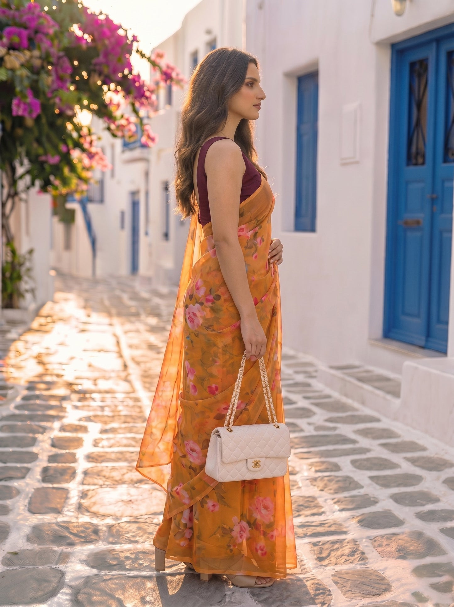 Sunlit Rose - Mustard Floral Print Pure Chiffon Saree