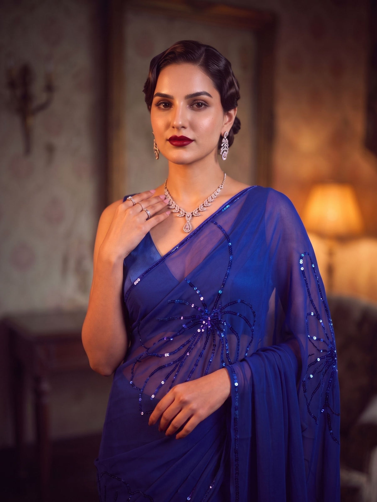 City of Stars - Royal Blue Sequin Pure Chiffon Partywear Saree