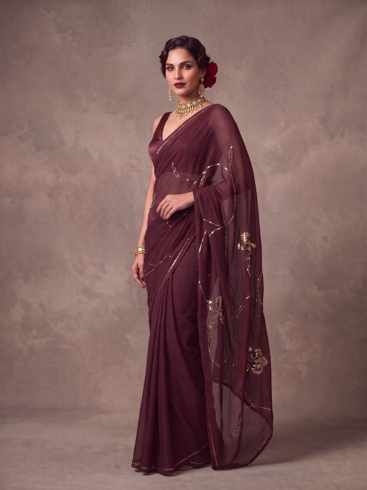 Midas - Resin Gold Sequin Pure Chiffon Partywear Saree