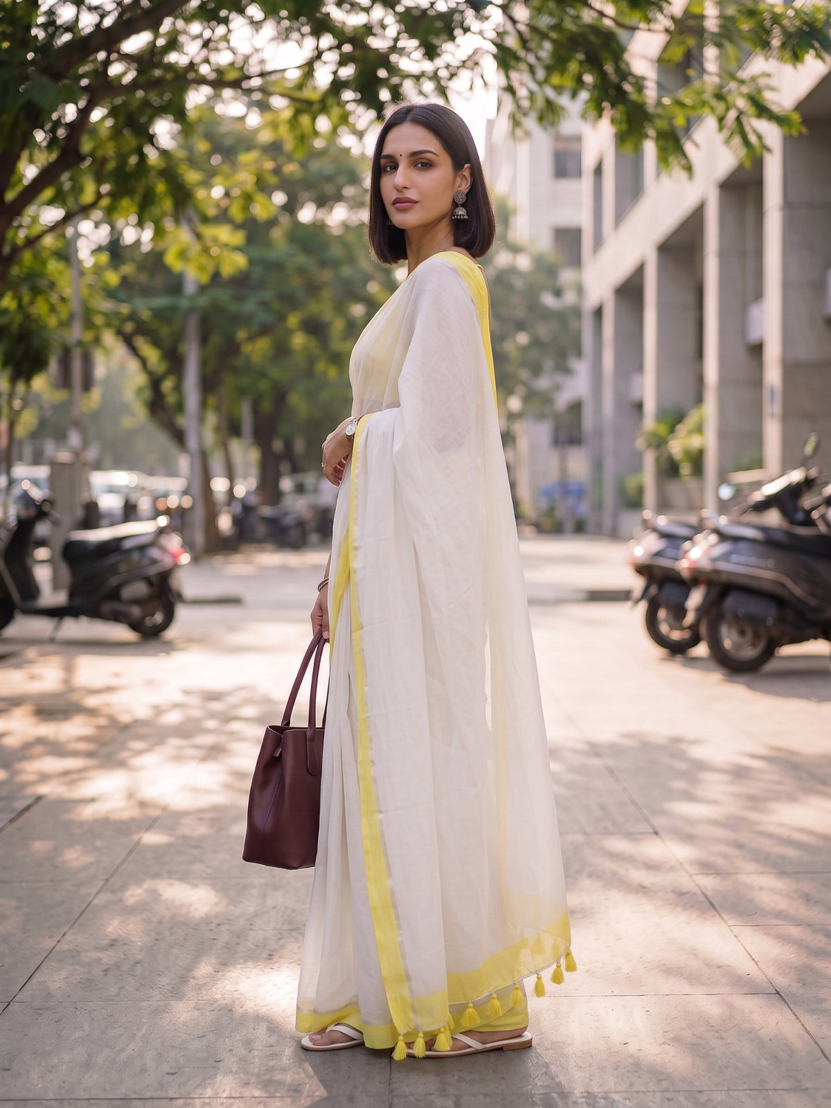 Bright Side - White Mulmul Cotton Saree With Yellow Border