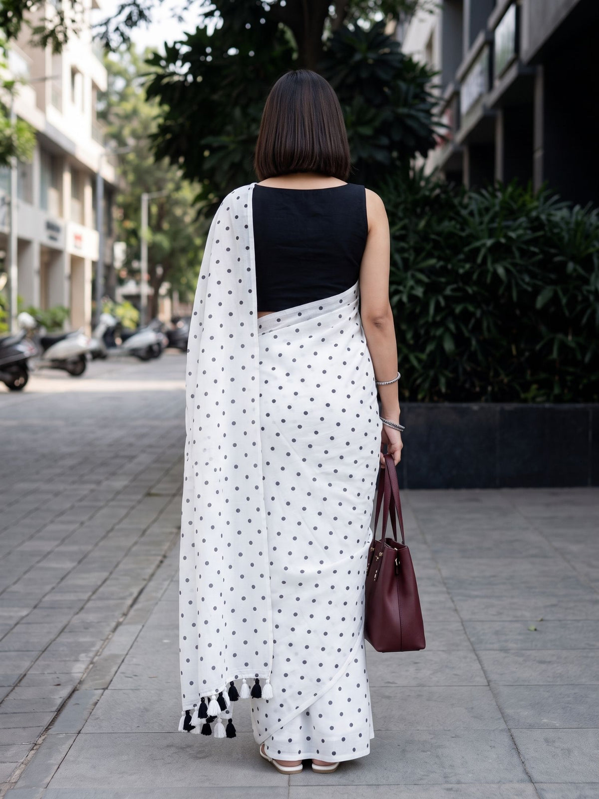 Moonlit Pearl white polka dot modal cotton saree, for daily wear