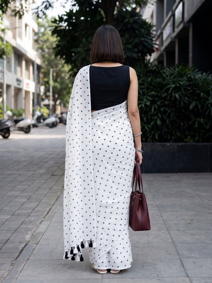 Moonlit Pearl white polka dot modal cotton saree, for daily wear