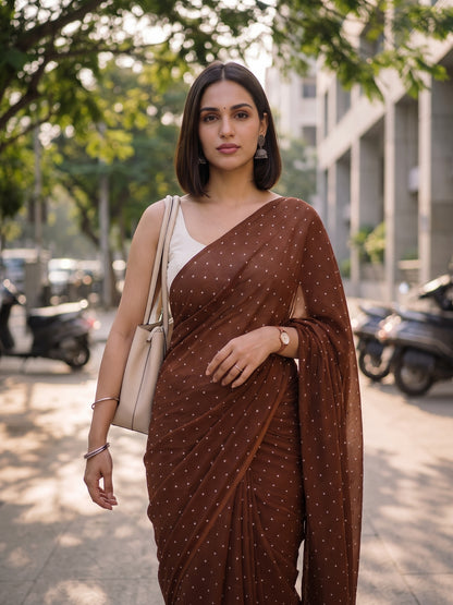 Chocolate brown polka dot modal cotton saree, Dot Theory by MAYIN