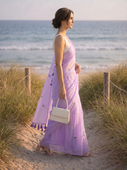 Periwinkle - Handembroidered Lilac Mulmul Cotton Saree