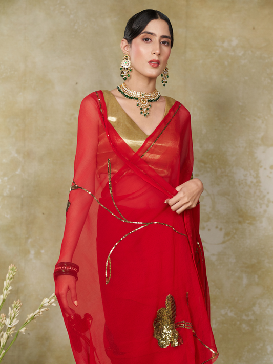 Ruby - Red Gold Sequin Pure Chiffon Partywear Saree
