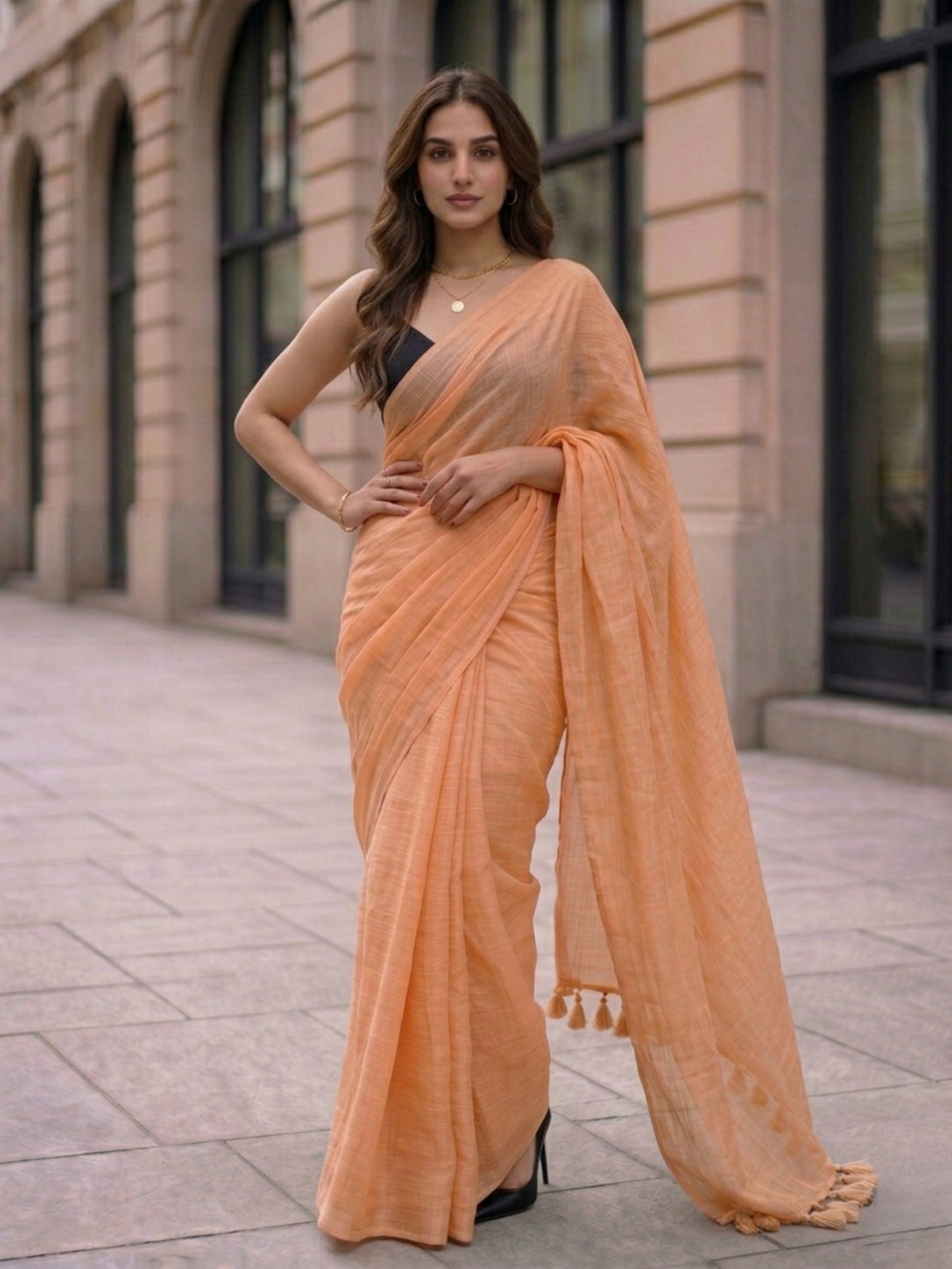 Dusty Rose - Plain Peach Mul Modal Saree