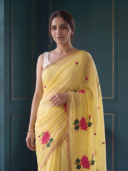 Sunkissed - Lemon Yellow Lotus Mul Cotton Saree
