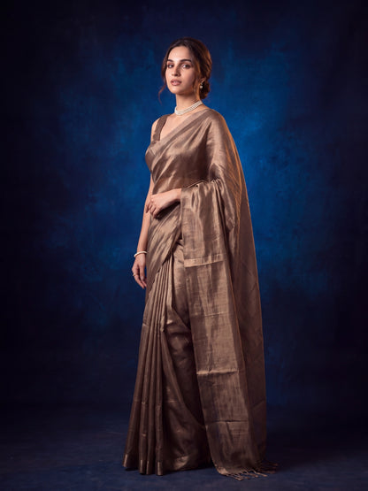 Ivara - Plain Bronze Handloom Tissue Saree