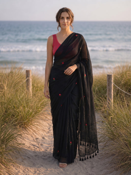 Periwinkle - Handembroidered Black Mulmul Cotton Saree