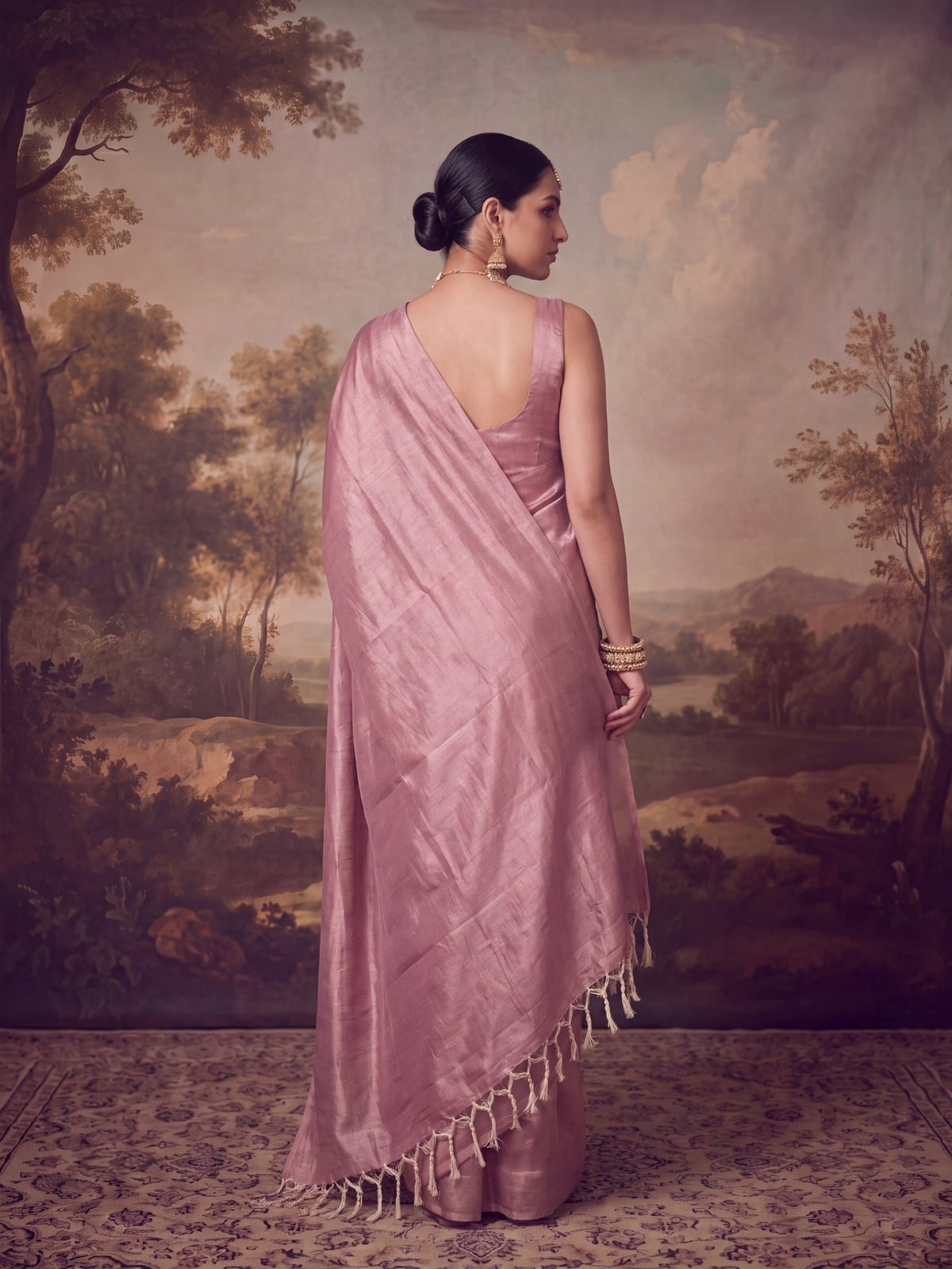 Rohini - Plain Pink Mul Cotton Tissue Saree