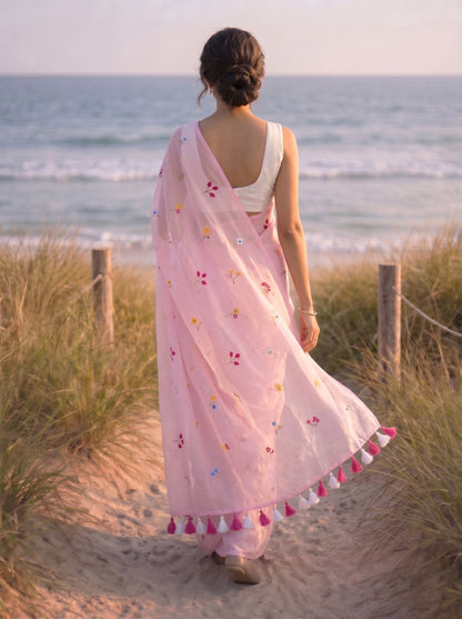 Gardenalia Pink - Embroidered Pure Mulmul Cotton Saree