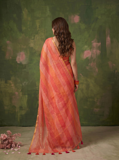 Rangrez - Red & Orange Striped Mul Cotton Zari Saree