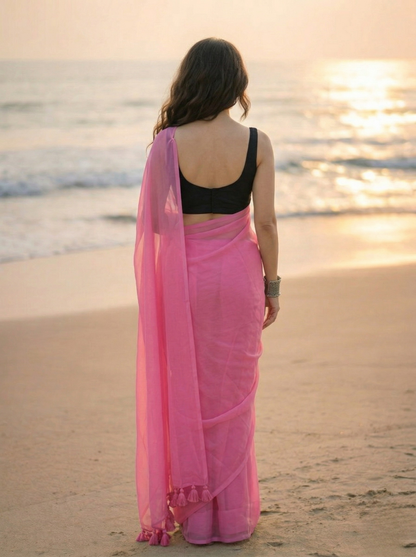 Strawberry Sorbet - Plain Hot Pink Mul Cotton Saree