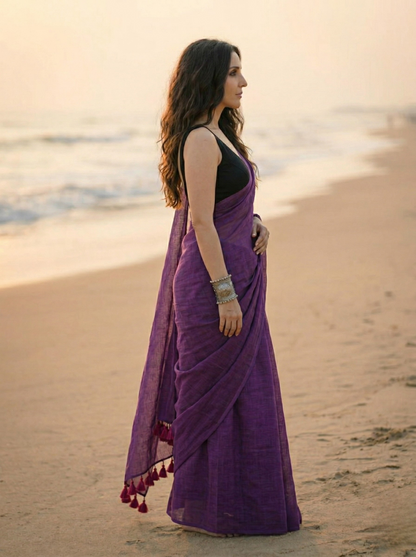 Blueberry Pie - Plain Royal Purple Mul Cotton Saree