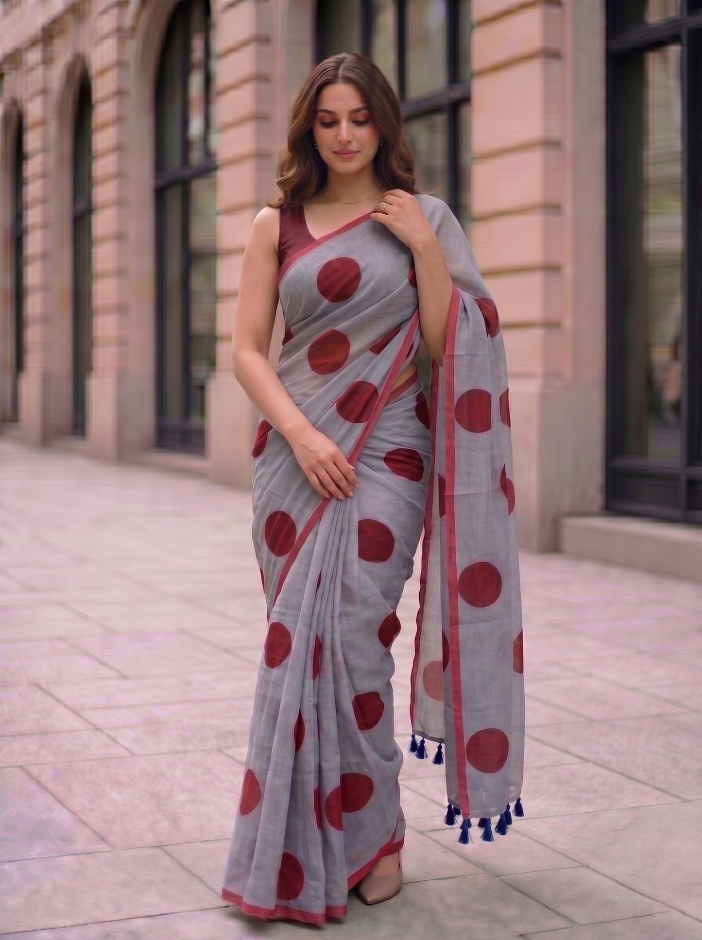 Spot On - Charcoal Polka Dot Mulmul Cotton Saree