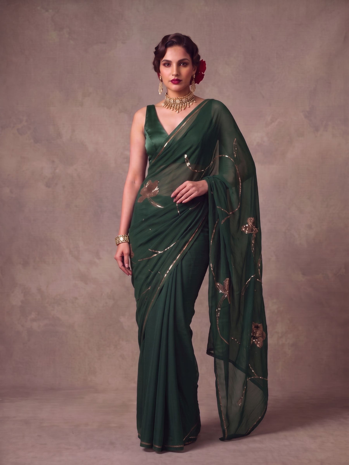 Emerald - Green Gold Sequin Pure Chiffon Partywear Saree