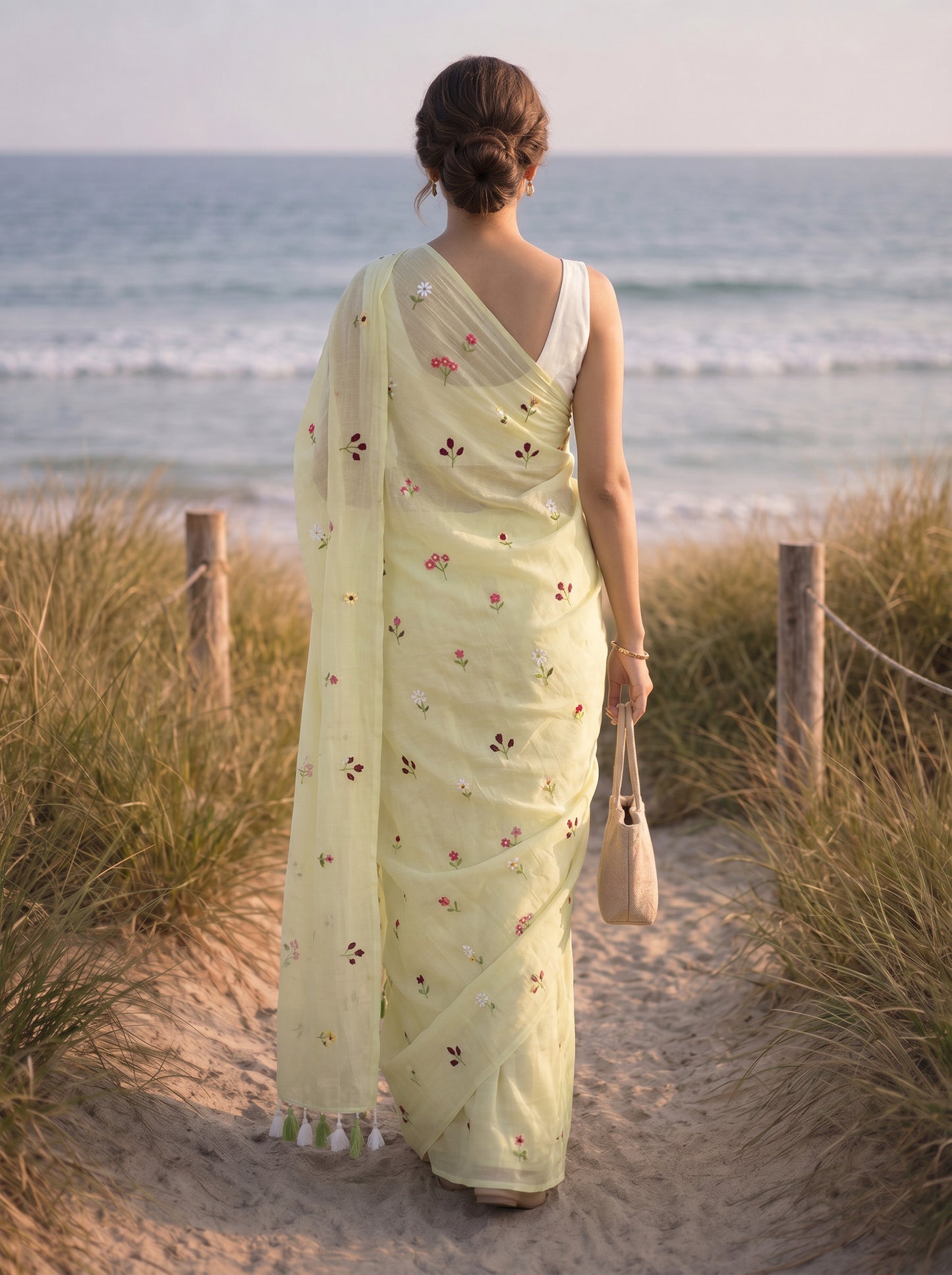 Gardenalia Pista - Embroidered Pure Mulmul Cotton Saree