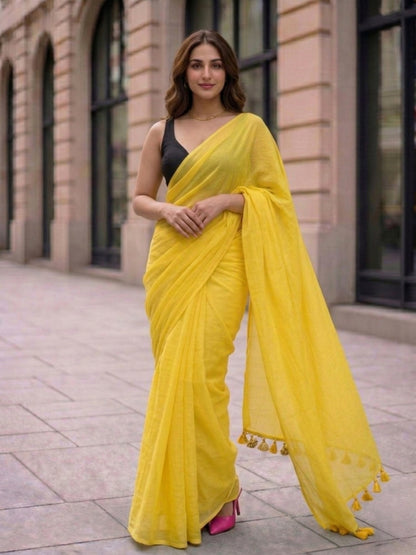 Lemonade - Plain Yellow Mul Cotton Saree