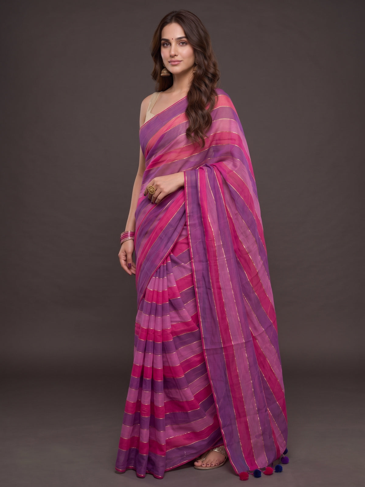 Purple and pink striped mul cotton saree with zari, Abhira by MAYIN