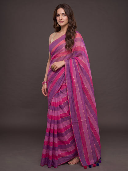 Purple and pink striped mul cotton saree with zari, Abhira by MAYIN