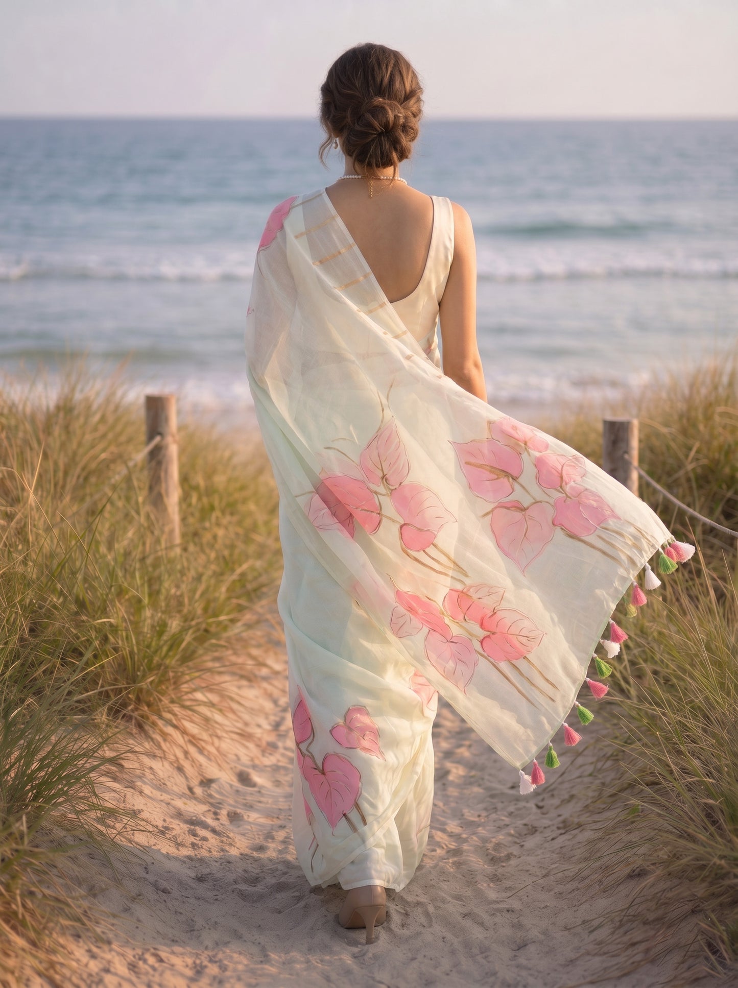 Anthuria- Mint Handpainted Mulmul Saree