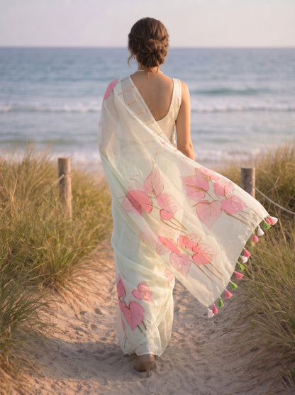 Anthuria- Mint Handpainted Mulmul Saree