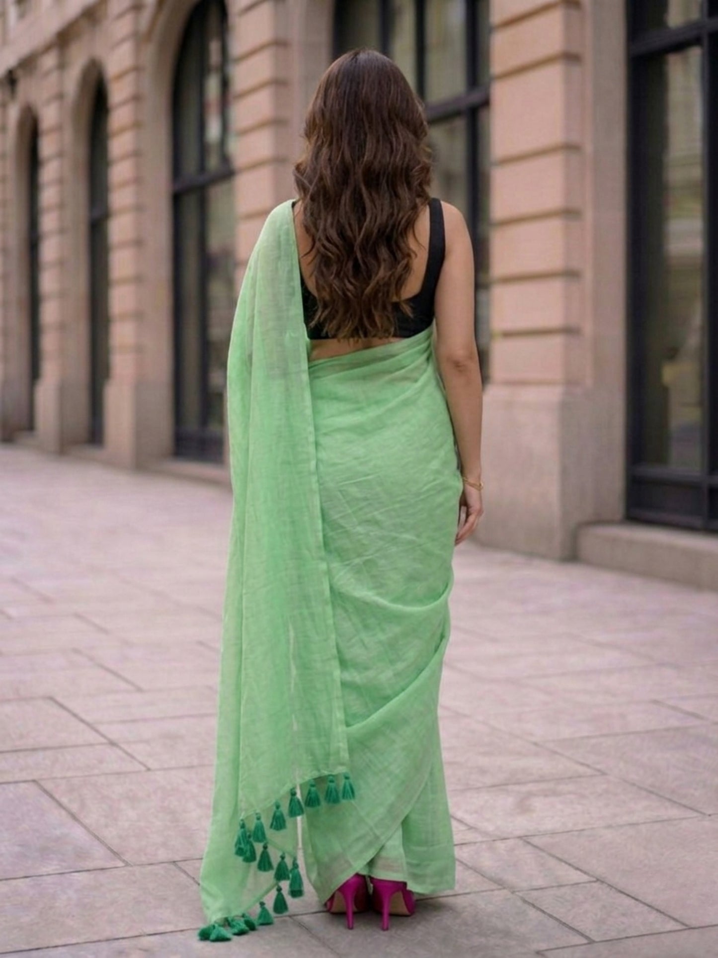 Mint Meadow - Plain Green Mul Cotton Saree