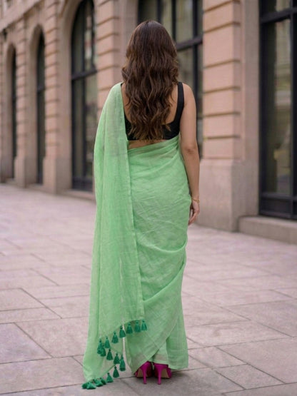 Mint Meadow - Plain Green Mul Cotton Saree