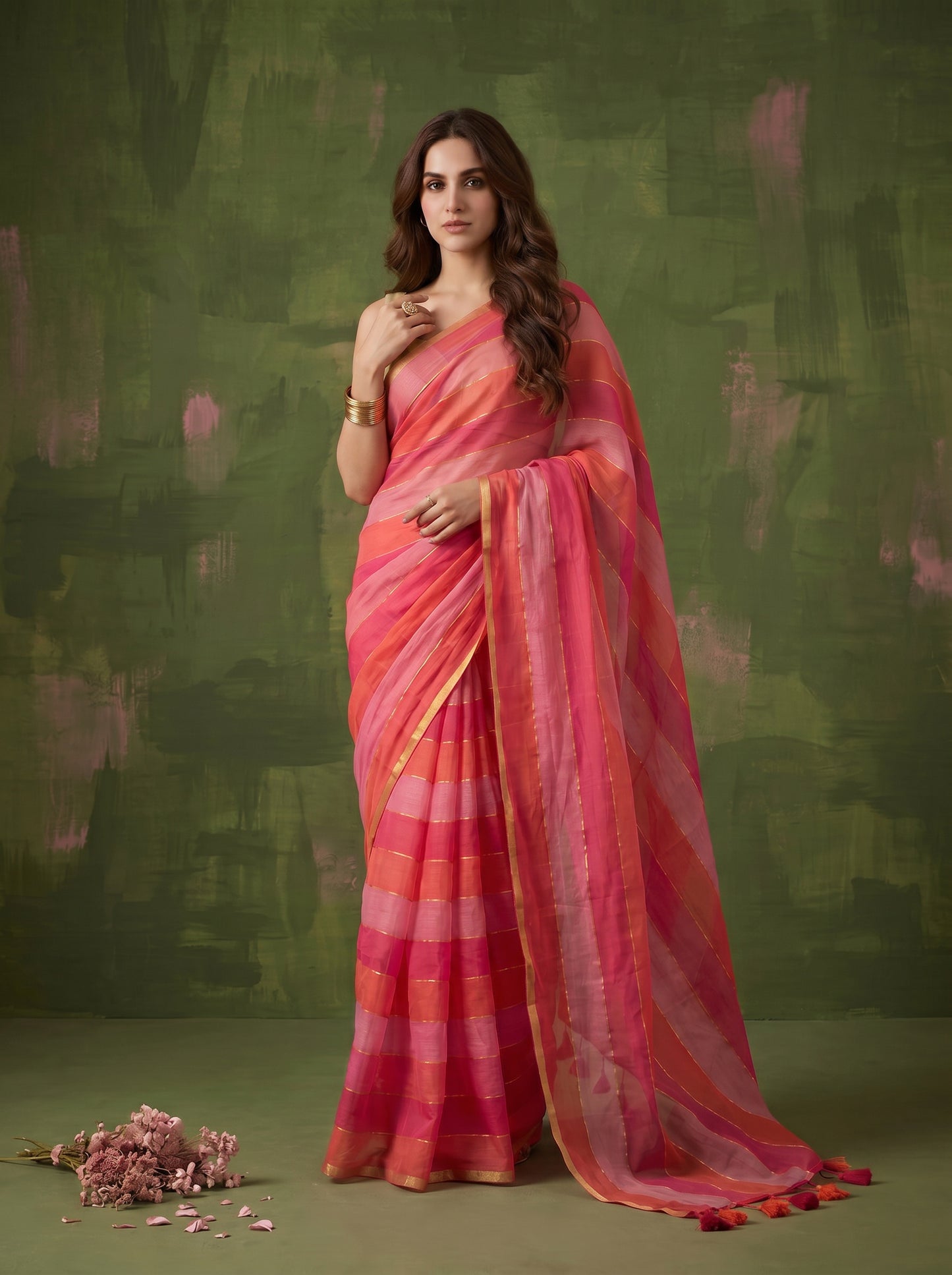 Sarini - Pink & Orange Striped Mul Cotton Zari Saree