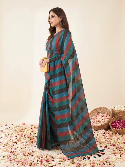 Siyaahi - Multicolour Striped Mul Cotton Zari Saree