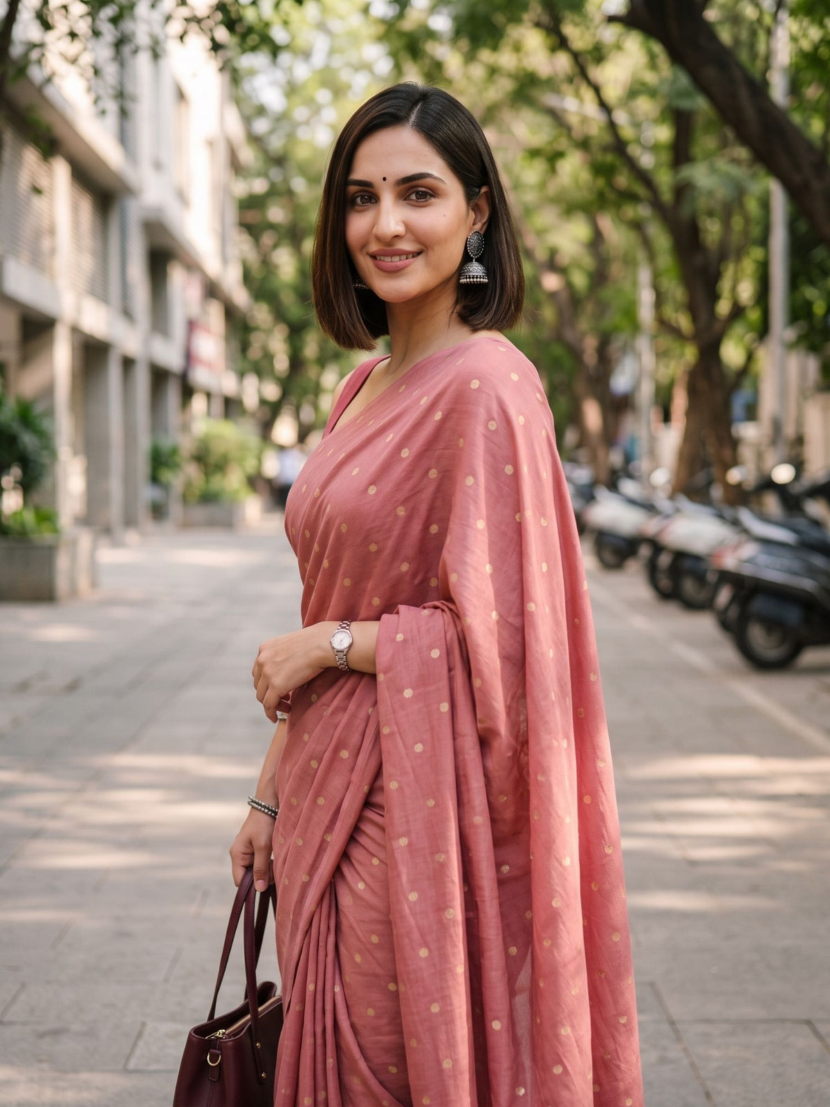 Vintage Speckle dusty rose pink polka dot modal cotton saree, for office wear