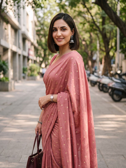 Vintage Speckle dusty rose pink polka dot modal cotton saree, for office wear