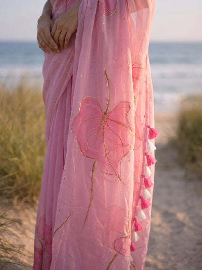 Anthuria- Blush Pink Handpainted Mulmul Saree