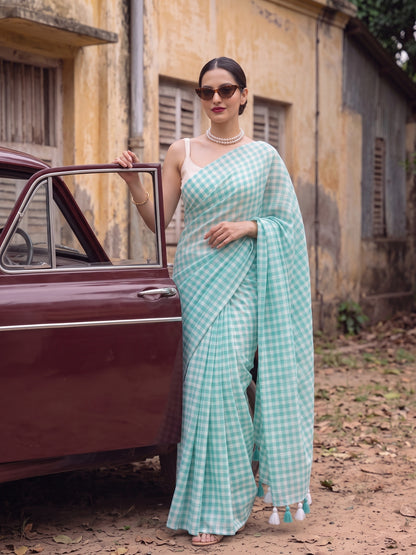 Cloudless Sky aqua blue gingham mulmul cotton saree, photo 4