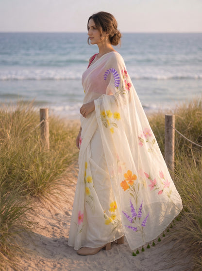 Cream Canvas- Handpainted Mulmul Saree