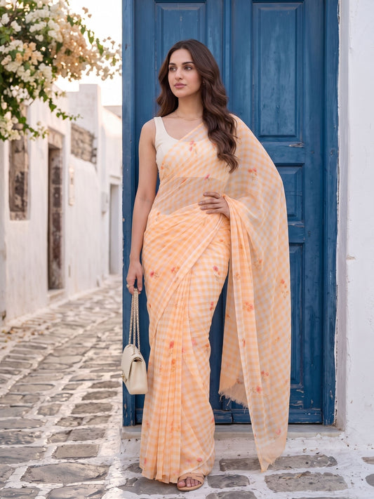 Sun Shower yellow gingham print pure chiffon party wear saree from MAYIN India