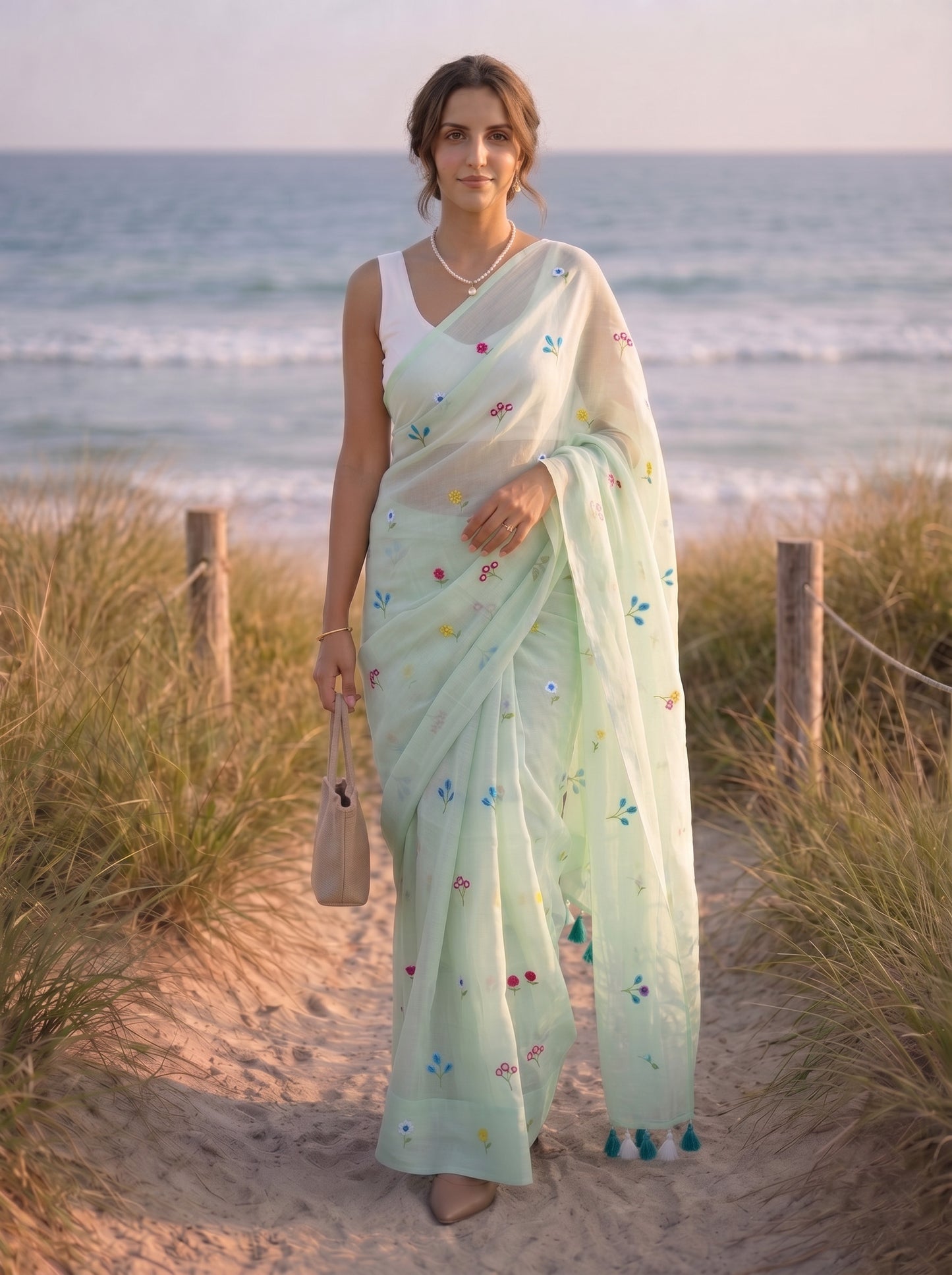 Gardenalia Mint - Embroidered Mulmul Cotton Saree