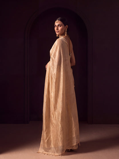 Meira plain ivory and gold tissue saree, drape detail, by MAYIN