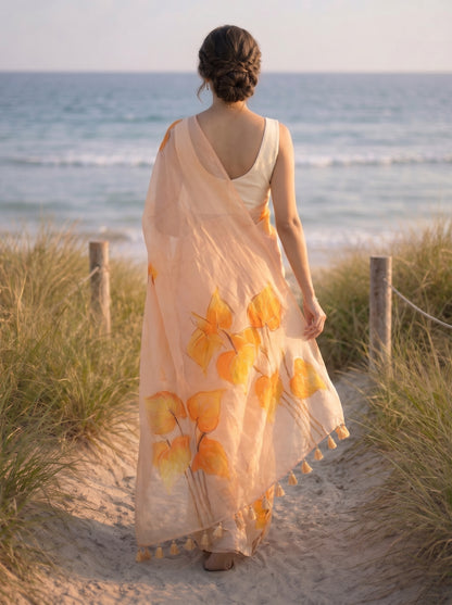 Anthuria- Beige Handpainted Mulmul Saree