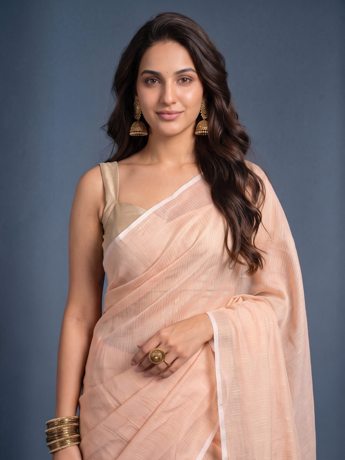 Beige - Striped Mul Cotton Zari Saree