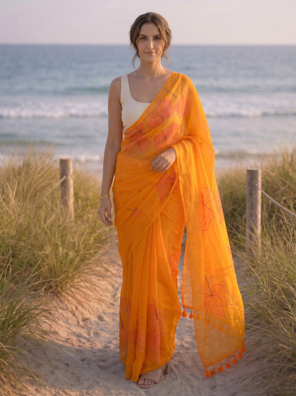 Anthuria- Orange Handpainted Mulmul Saree