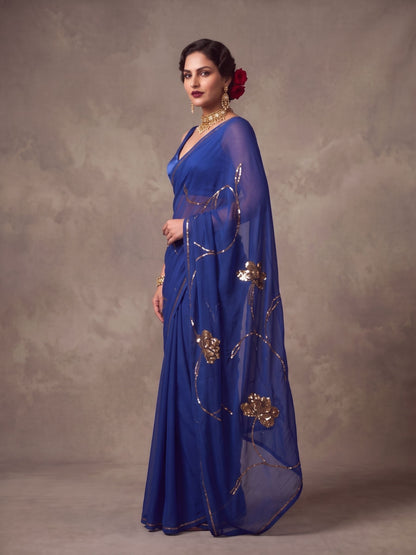 Sapphire - Royal Blue Gold Sequin Pure Chiffon Partywear Saree