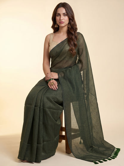 Emerald - Green Striped Mul Cotton Zari Saree