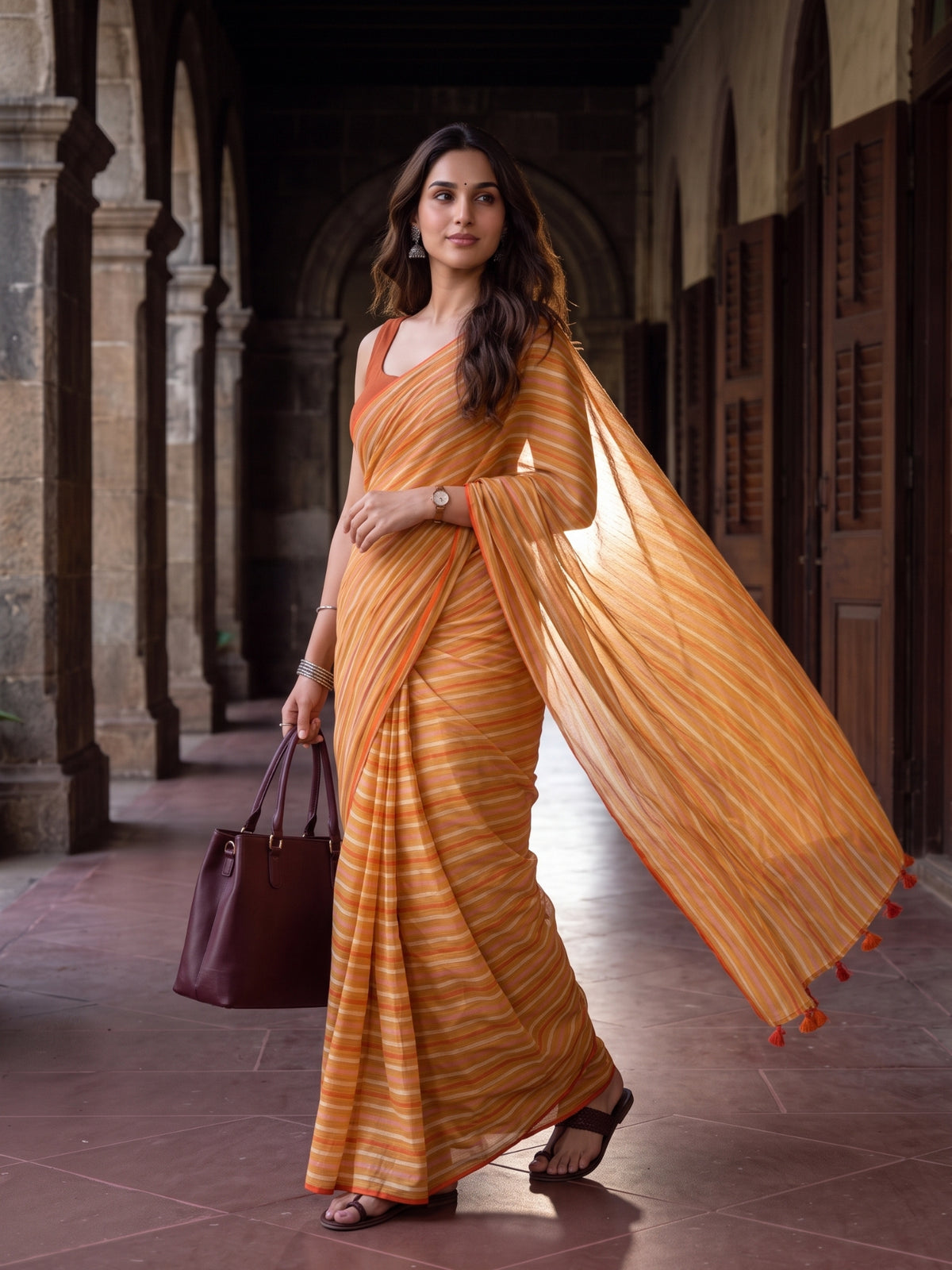 Outlook- Yellow Striped Mulmul Cotton Saree