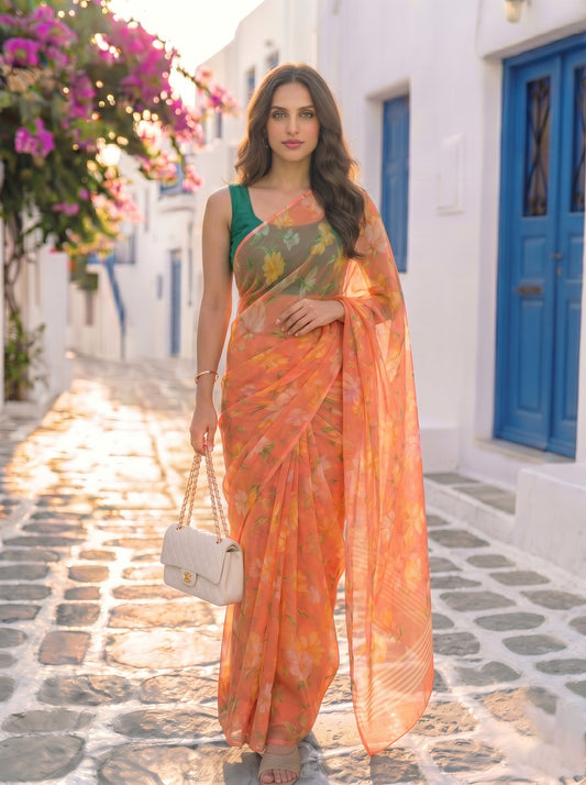 Elara - Orange Floral Print Pure Chiffon Saree