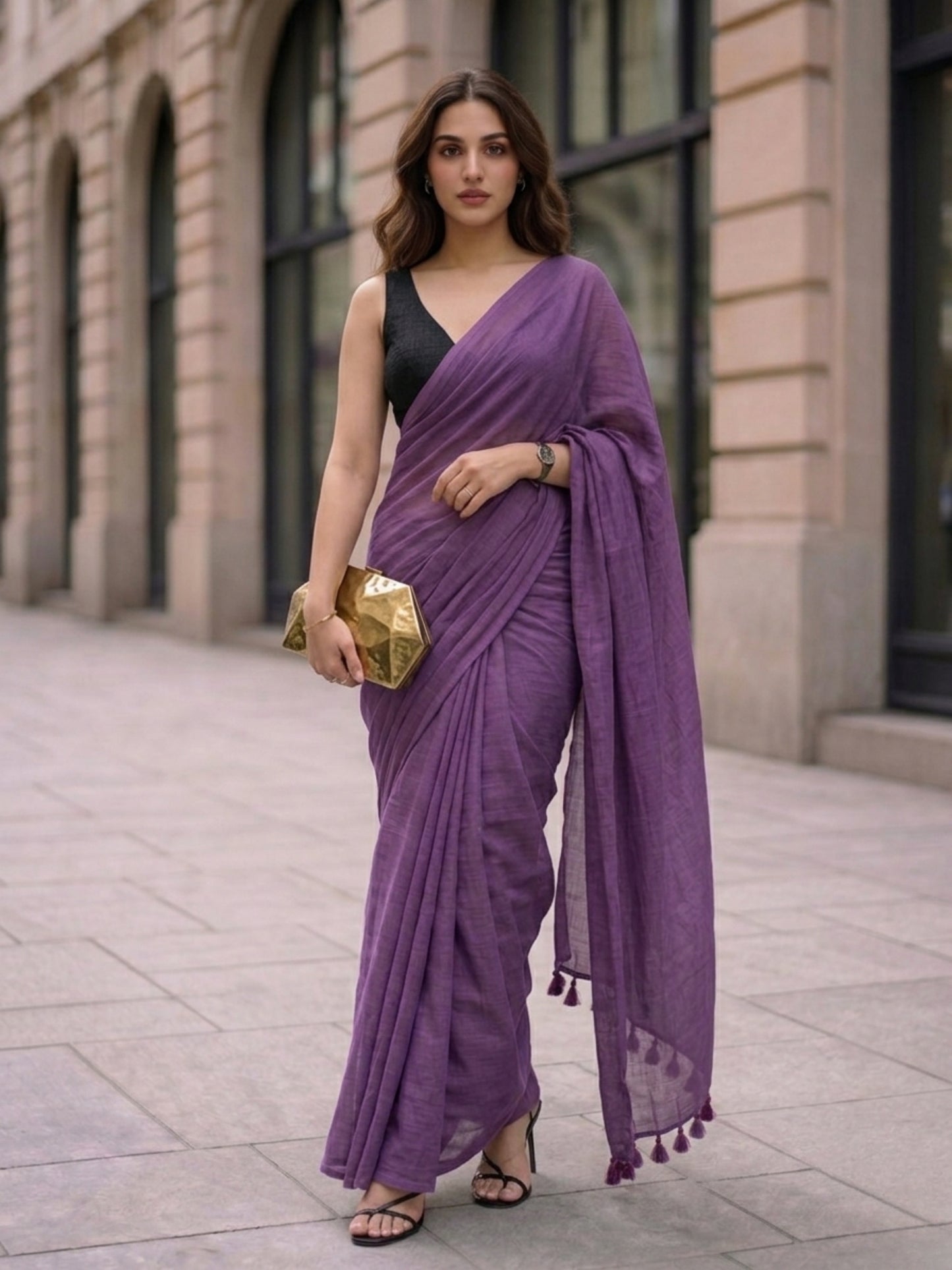 Twilight Bloom - Plain Deep Violet Mul Cotton Saree